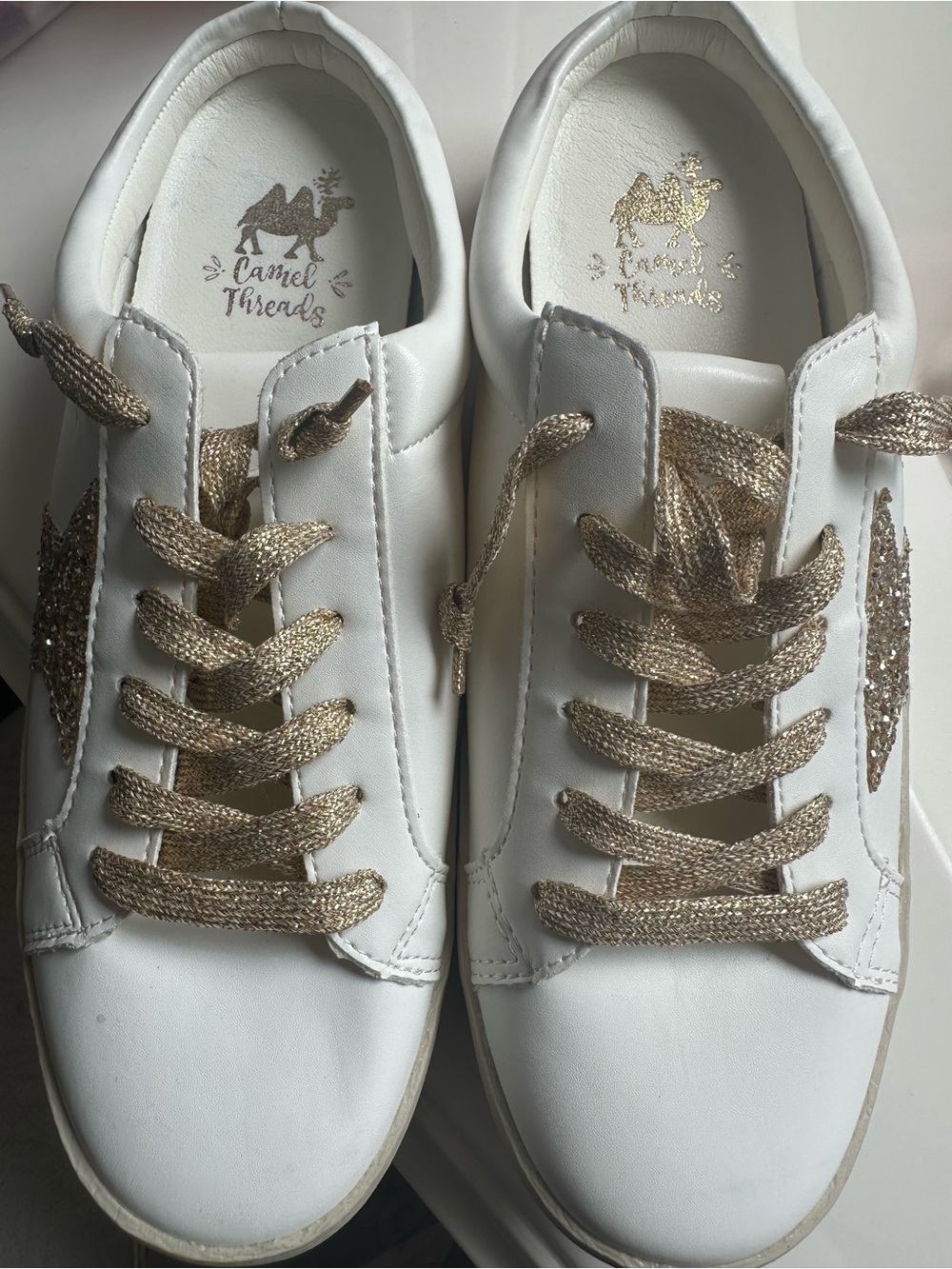 White Sneakers with Gold Glitter Accents